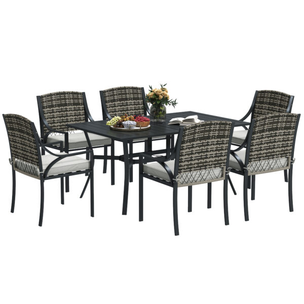 Outsunny Rattan Garden Furniture Set with Cushions, 6 Seater Rattan Dining Set with 6 Armchairs, 150 x 96cm Rectangular Table, Umbrella Hole, for Outdoor, Patio, Balcony, Terrace, Conservatory