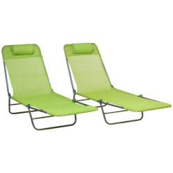 Outsunny Reclining Sun Lounger, Set of 2, Folding Outdoor Day Bed with Pillow, Steel Frame, Breathable Mesh, Green Aosom UK