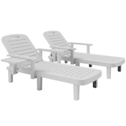 Outsunny Set of 2 Resin Reclining Sun Loungers for Garden, 5 Positions Adjustable Outdoor Chaise Lounge Chairs with Wood Texture Surface, Armrests, Foldable Side Table for Garden, Beach, White