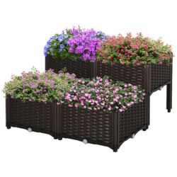 Outsunny Set of 4 Garden Raised Bed Elevated Patio Flower Plant Planter Box PP Vegetables Planting Container, Brown