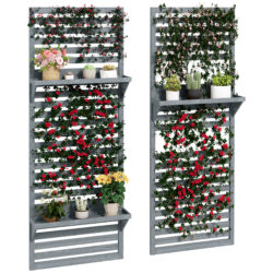 Outsunny Wall Mounted Plant Stands Set of 2, Fir Wood Flower Stand with Shelves and Slatted Trellis for Patio, Balcony, Porch Aosom UK