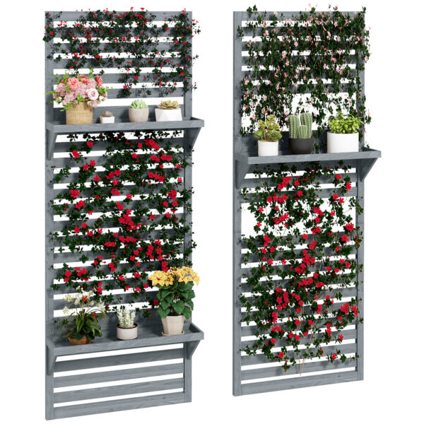 Outsunny Wall Mounted Plant Stands Set of 2, Fir Wood Flower Stand with Shelves and Slatted Trellis for Patio, Balcony, Porch Aosom UK