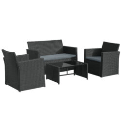 Outsunny Waterproof 4-Seater Rattan Sofa Set Garden Furniture Wicker Weave 2-seater Bench Chair, Coffee Table Conservatory Furniture, Black Aosom UK