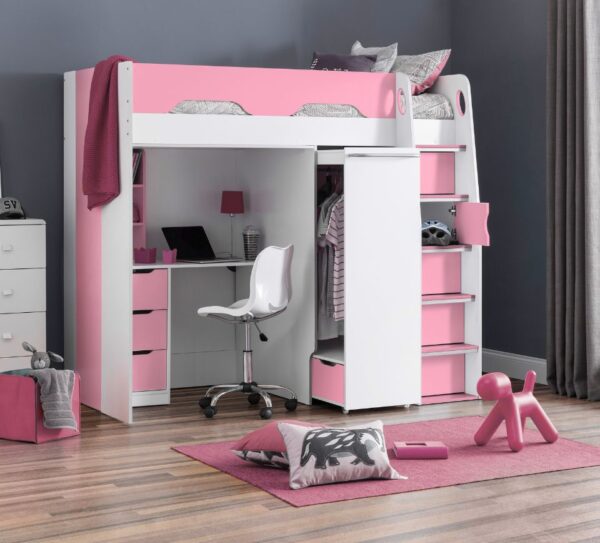 Pegasus - Single - Kids High Sleeper Bed - Wardrobe - Desk and Storage - Pink and White - Wooden - 3ft - Happy Beds