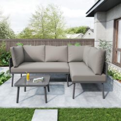 Space-Saving L-Shaped Outdoor Corner Sofa Set with Glass Coffee Table, Outdoor Garden Lounge Set for 5 People, 120L x 60W x 86H cm, Grey Aosom.UK