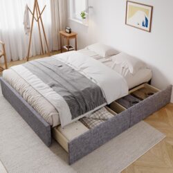 Upholstered Double Bed with Iron Frame and Wooden Slats, Easy Assembly, Storage Drawer, Perfect for Bedroom, 193.5 x 141W x 30H cm, Grey Aosom.UK