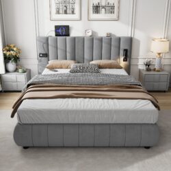Upholstered Velvet King Size Bed with Integrated Stereo, Charging Ports, Iron Frame, Perfect for Bedroom Decor, 218L x 182W x 103H cm, Grey Aosom.UK