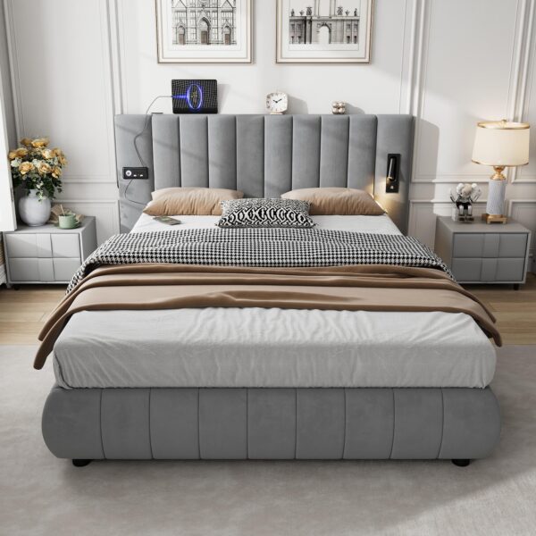 Upholstered Velvet King Size Bed with Integrated Stereo, Charging Ports, Iron Frame, Perfect for Bedroom Decor, 218L x 182W x 103H cm, Grey Aosom.UK