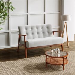 2-Seater Loveseat Sofa Linen Padded Rubber Wood in Grey
