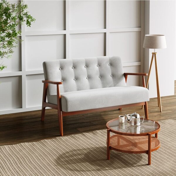 2-Seater Loveseat Sofa Linen Padded Rubber Wood in Grey