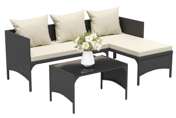 3 Piece Outdoor Rattan Furniture Patio Sofa Set with Loveseat Lounge Chair Table Black