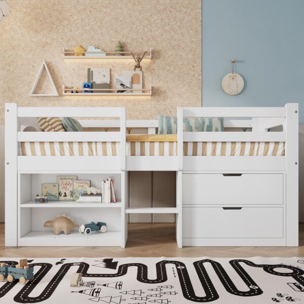 3ft Single Bed with 2 Slide Drawers, 2 Compartments, Safety Guardrail, Wooden Loft Bed for Children's Room, 194L x 94.5W x 95H cm, White Aosom.UK