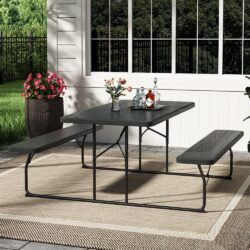 5ft Foldable Picnic Table and Bench Set with Parasol Hole Black/White