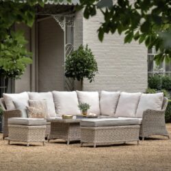 Allegan Outdoor Glass Top Dining Set With Cushion In Salt Spray
