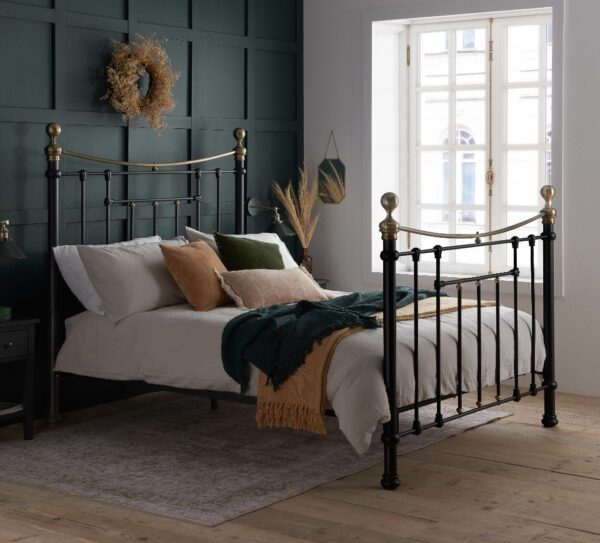 Bronte Double Black Metal Bed Frame - Victorian Style - Brass Finials and Top Rail - 4ft6 - Happy Beds