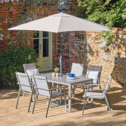 Carolina Glass Top Garden 6 Seater Dining Set With Parasol In Grey