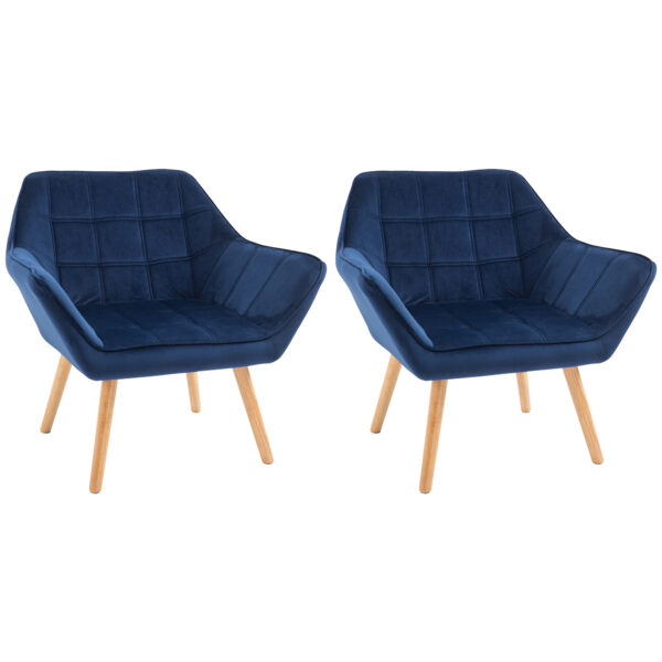 HOMCOM Armchair Accent Chair Wide Arms Slanted Back Padding Iron Frame Wooden Legs Home Bedroom Furniture Seating Set of 2 Blue Aosom UK
