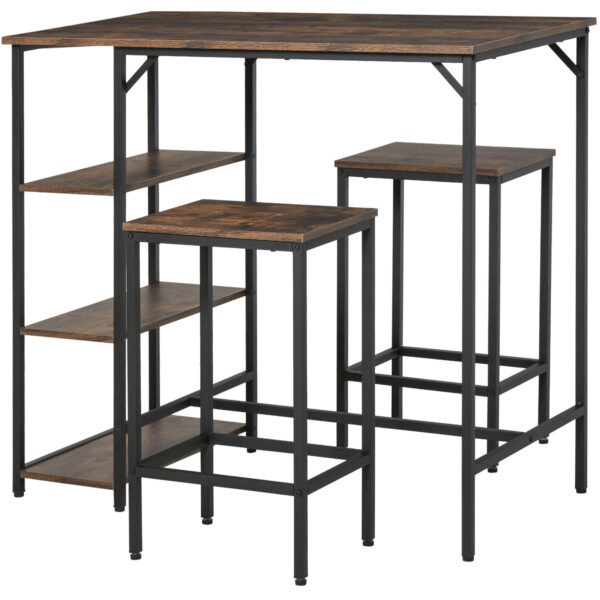 HOMCOM Bar Table and Stools w/ 2 Stools & Side Shelf, Dining Table Set w/ Industrial Bar Height, Coffee Table for Kitchen, Dinette Aosom UK