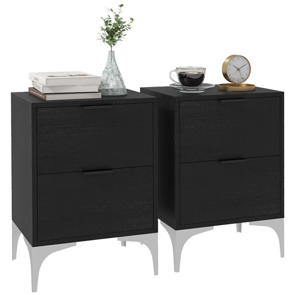 HOMCOM Bedside Tables Set of 2, Modern Nightstand w/ 2 Drawers, Small Sofa End Tables w/ Storage & Steel Legs for Bedroom, Living Room Aosom UK