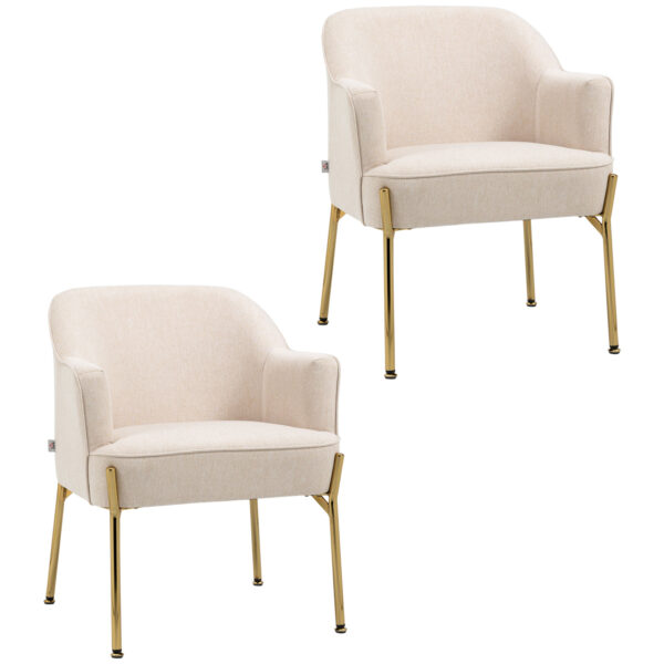HOMCOM Elegant Accent Chair, Armchair for Living Room, Vanity Chair with Gold Metal Legs, Soft Padded Seat, Set of 2, White Aosom UK