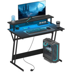 HOMCOM Gaming Desk with LED Lights and Power Outlets, 100 x 60cm Z Shaped Computer Desk with Monitor Stand and Steel Frame for Home Office, Black