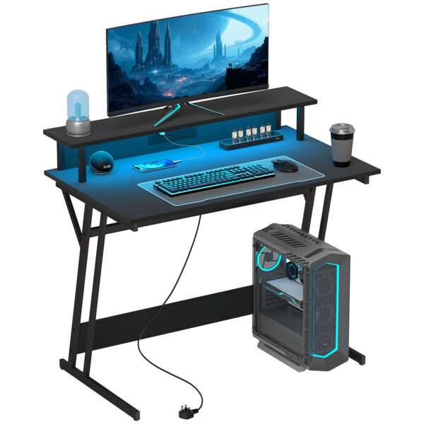 HOMCOM Gaming Desk with LED Lights and Power Outlets, 100 x 60cm Z Shaped Computer Desk with Monitor Stand and Steel Frame for Home Office, Black