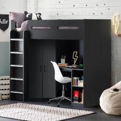 Hercules - Single - Kids High Sleeper - Desk - Wardrobe and Storage - Dark Grey - Wooden - 3ft - Happy Beds