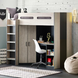 Hercules - Single - Kids High Sleeper - Desk - Wardrobe and Storage - Oak and Dark Grey - Wooden - 3ft - Happy Beds