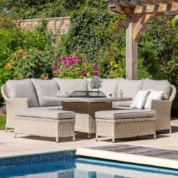 Hewitt Outdoor Ceramic Glass FirePit Corner Dining Set In Stone