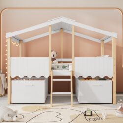 Kids Bed with 2 Wheeled Storage Boxes, Safety Guardrail, Roof Design, Bunk Bed for Children's Room, 196L x 98W x 158.5H cm, White+Natural Aosom.UK