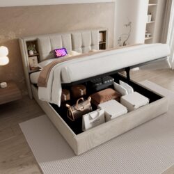King Size Bed Frame with Hydraulic Storage, Wireless Charging, Upholstered Bed Stand with Compartments, 206L x 185W x 100.5H cm, Natural Aosom.UK