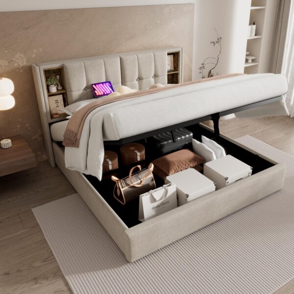 King Size Bed Frame with Hydraulic Storage, Wireless Charging, Upholstered Bed Stand with Compartments, 206L x 185W x 100.5H cm, Natural Aosom.UK