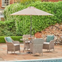 Marfa Glass Top Garden 4 Seater Dining Set With Parasol In Sand