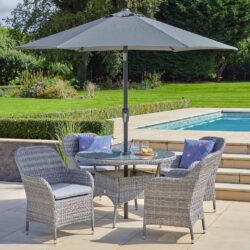 Marfa Glass Top Garden 4 Seater Dining Set With Parasol In Stone