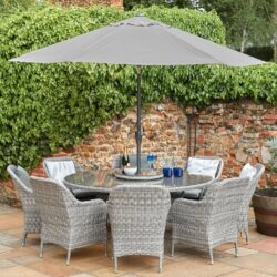 Marfa Glass Top Garden 8 Seater Dining Set With Parasol In Stone