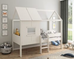 Mini - Euro Single - Playhouse Kids Bed with Underbed Shelving and Drawer- White - Wooden - 3ft - Happy Beds