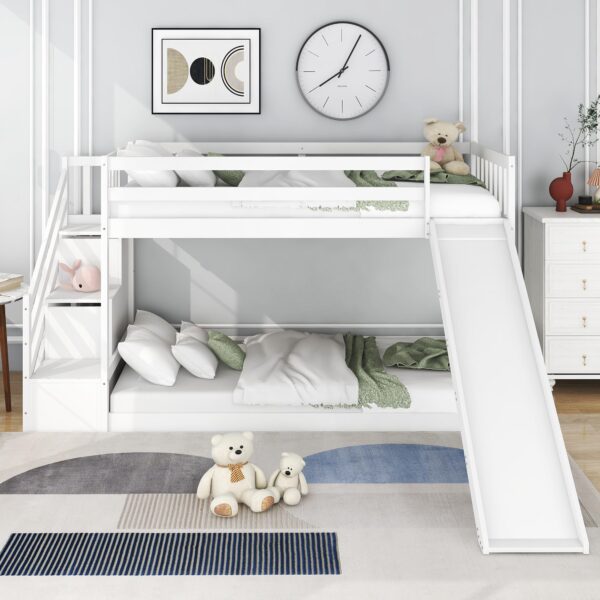 Modern Bunk Bed with Stairs and Slide, Pine Wood Frame, Full-Length Guardrail, Loft Bed with Storage Drawers, 233L x 223W x 125H cm, White Aosom.UK