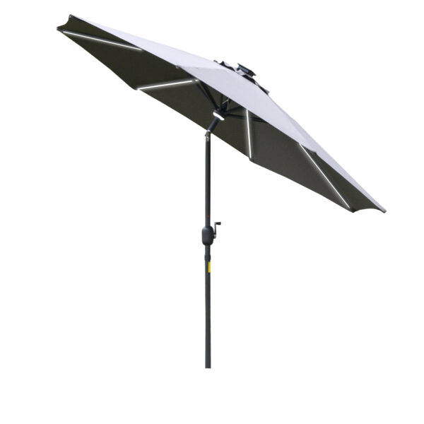 Outsunny 2.7m Garden Parasol Sun Umbrella Patio Summer Shelter w/ LED Solar Light, Angled Canopy Vent, Crank Tilt, Grey Aosom UK