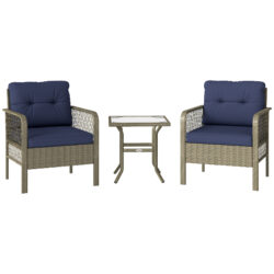 Outsunny 3 Pieces Rattan Bistro Set with Glass Top Coffee Table, Chairs and Cushions for Outdoor, Patio, Balcony, Charcoal Grey