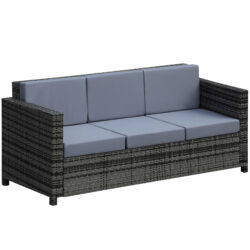 Outsunny 3-Seater All Weather Outdoor Sofa, Rattan Wicker Weave with Metal Frame and Fire Resistant Cushion, Grey Aosom UK