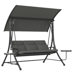 Outsunny 3 Seater Garden Swing Chair with Adjustable Canopy, Cushion and Coffee Tables for Outdoor Dark Grey