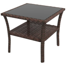 Outsunny 50cm Outdoor PE Rattan Coffee Table, Patio Wicker Two-tier Side Table with Glass Top, for Patio, Garden, Balcony, Brown Aosom UK