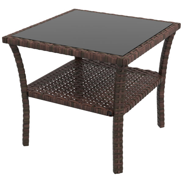 Outsunny 50cm Outdoor PE Rattan Coffee Table, Patio Wicker Two-tier Side Table with Glass Top, for Patio, Garden, Balcony, Brown Aosom UK