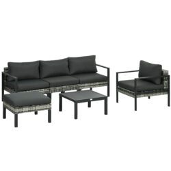 Outsunny 6 Pieces Patio Furniture Set with Sofa, Armchair, Stool, Metal Table, Cushions, for Outdoor, Charcoal Grey