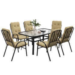 Outsunny 7 Piece Garden Dining Set, Outdoor Dining Table and 6 Cushioned Armchairs, Tempered Glass Top Table w/ Umbrella Hole, Texteline Seats, Beige