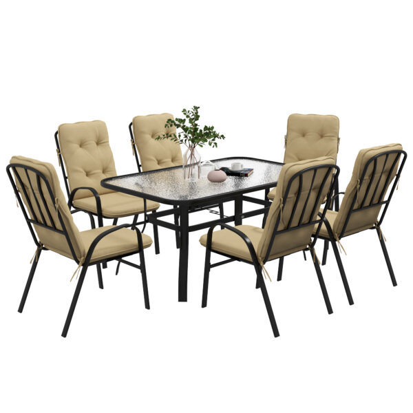 Outsunny 7 Piece Garden Dining Set, Outdoor Dining Table and 6 Cushioned Armchairs, Tempered Glass Top Table w/ Umbrella Hole, Texteline Seats, Beige