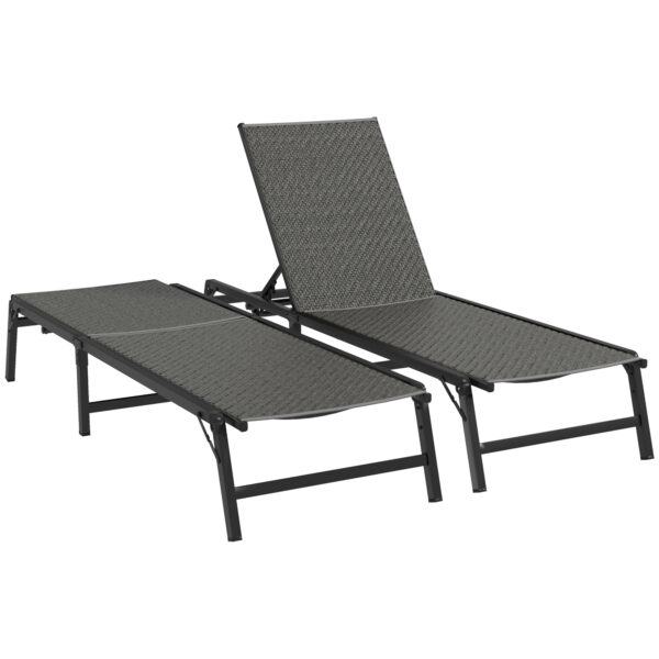 Outsunny Foldable Outdoor PE Rattan Sun Lounger Set of 2, Patio Wicker Recliners Lounge Chair w/ 5-Level Adjustable Backrest, Grey Aosom UK