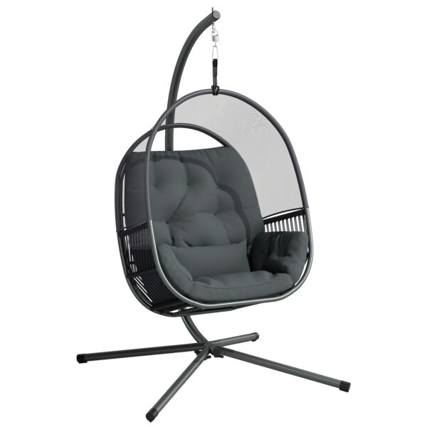 Outsunny Hanging Egg Chair Outdoor Indoor, Swing Hammock Chair with Stand, Cushions, Lumbar Pillow, Adjustable Height and Steel Frame for Garden Patio Lounge Porch, Dark Grey