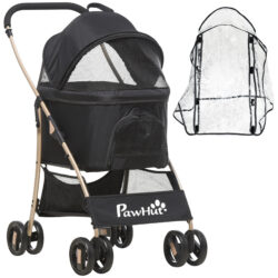 PawHut 3 In 1 Detachable Pet Stroller with Rain Cover, Foldable Cat Dog Pushchair, Universal Wheels, Brake, Canopy, Basket, Black Aosom UK