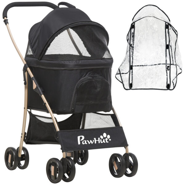 PawHut 3 In 1 Detachable Pet Stroller with Rain Cover, Foldable Cat Dog Pushchair, Universal Wheels, Brake, Canopy, Basket, Black Aosom UK